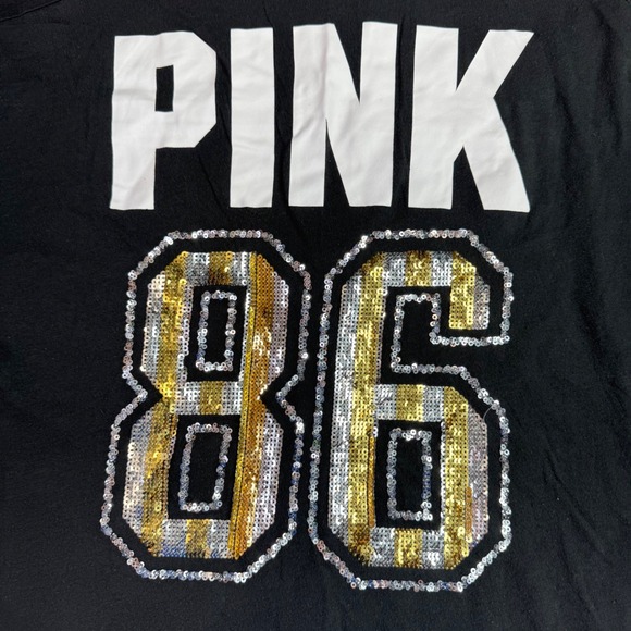 Victoria's Secret PINK Bling 86 Varsity Long Sleeve Sequin T Shirt Black XS READ - Picture 9 of 13